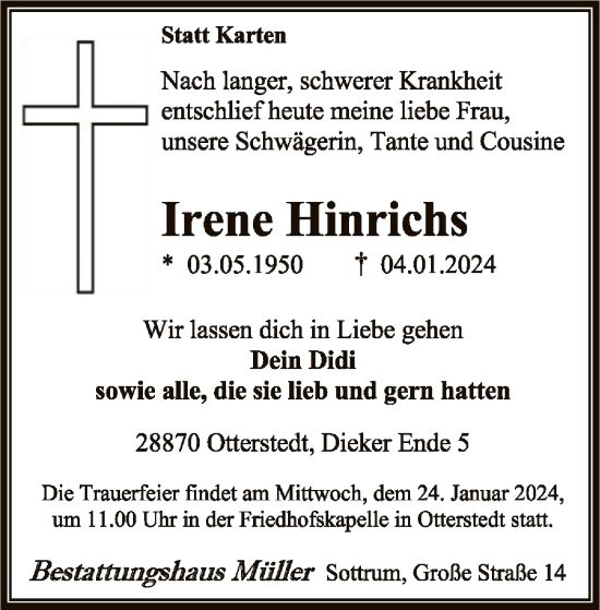 Traueranzeige von Irene Hinrichs von SYKSYK
