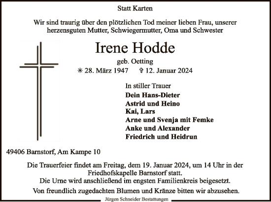 Traueranzeige von Irene Hodde von SYK