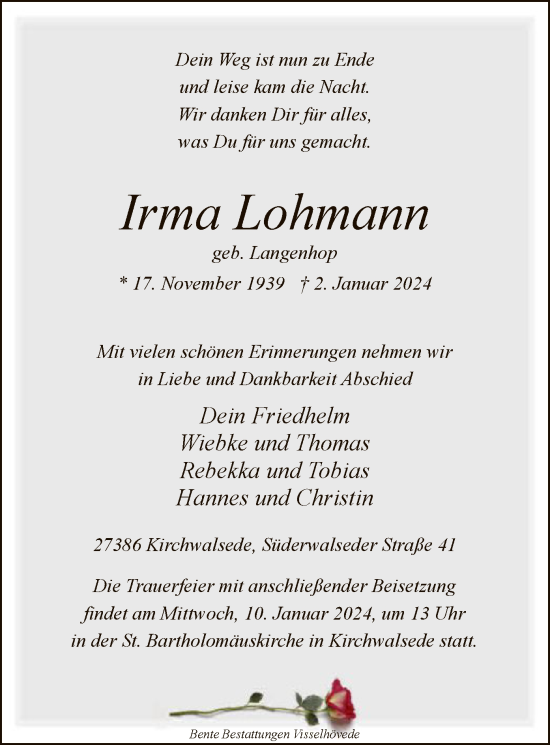 Traueranzeige von Irma Lohmann von SYK