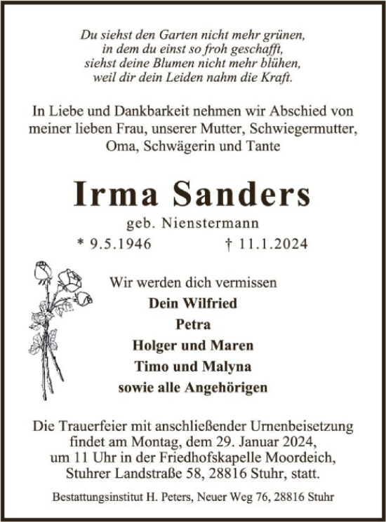 Traueranzeige von Irma Sanders von SYK
