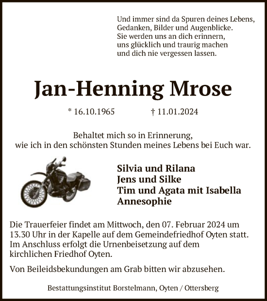 Traueranzeige von Jan-Henning Mrose von SYK