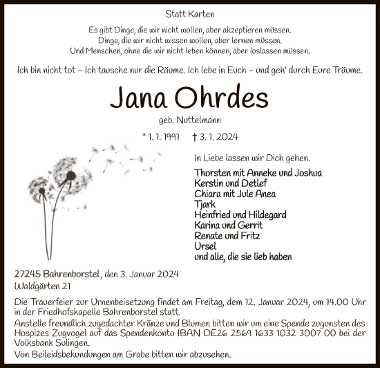 Traueranzeige von Jana Ohrdes von SYK