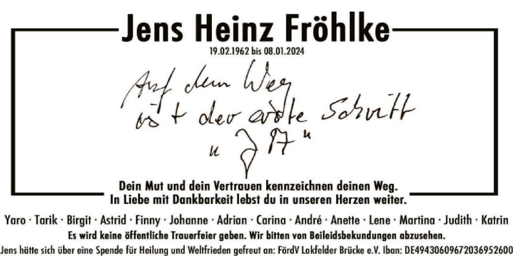  Traueranzeige für Jens Heinz Fröhlke vom 18.01.2024 aus SYKSYK