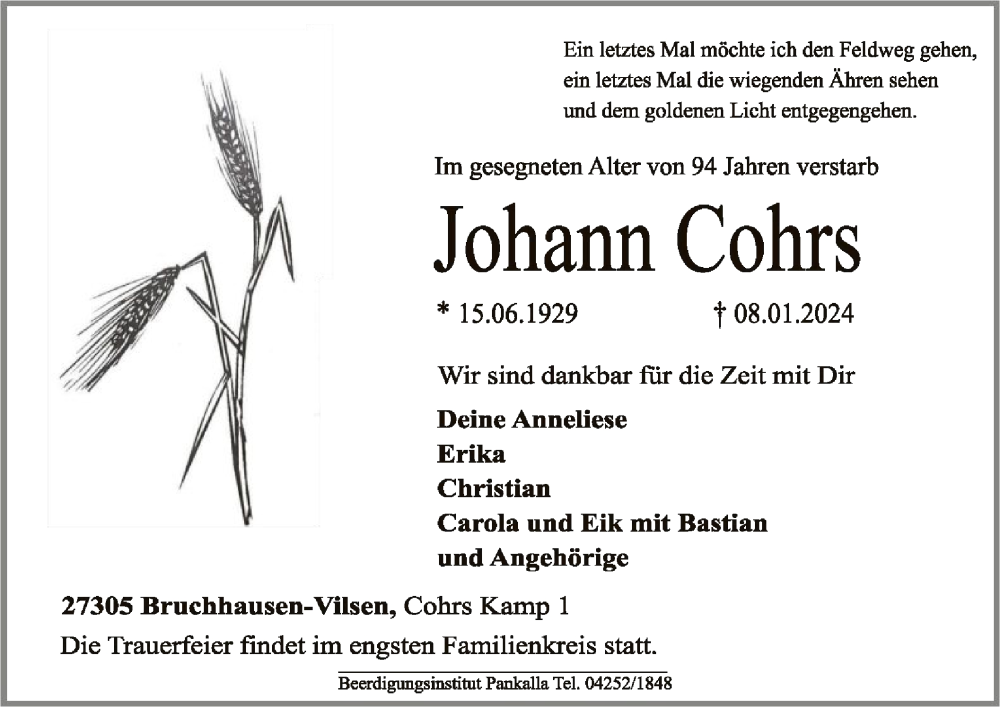  Traueranzeige für Johann Cohrs vom 13.01.2024 aus SYK