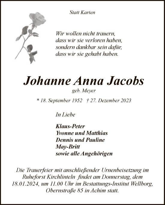 Traueranzeige von Johanne Anna Jacobs von SYK
