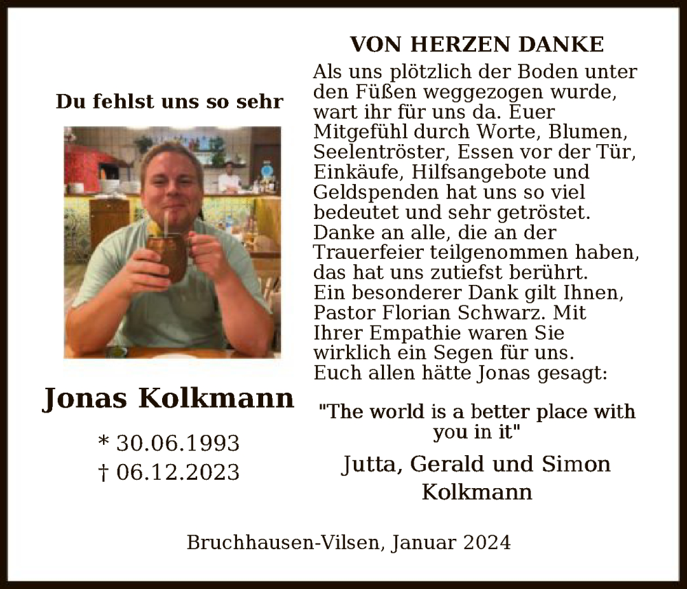  Traueranzeige für Jonas Kolkmann vom 27.01.2024 aus SYK