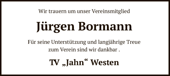 Traueranzeige von Jürgen Bormann von SYK