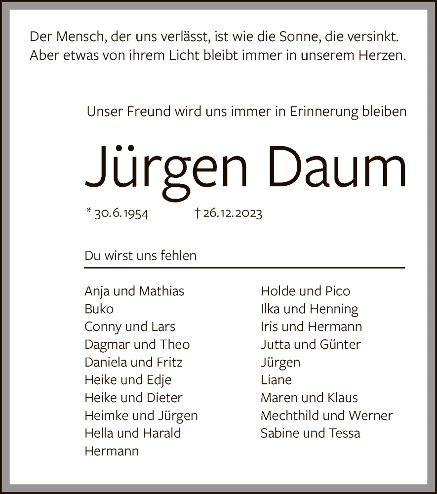  Traueranzeige für Jürgen Daum vom 06.01.2024 aus SYK
