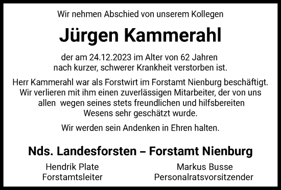 Traueranzeige von Jürgen Kammerahl von SYK