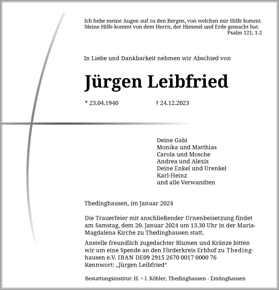 Traueranzeige von Jürgen Leibfried von SYK