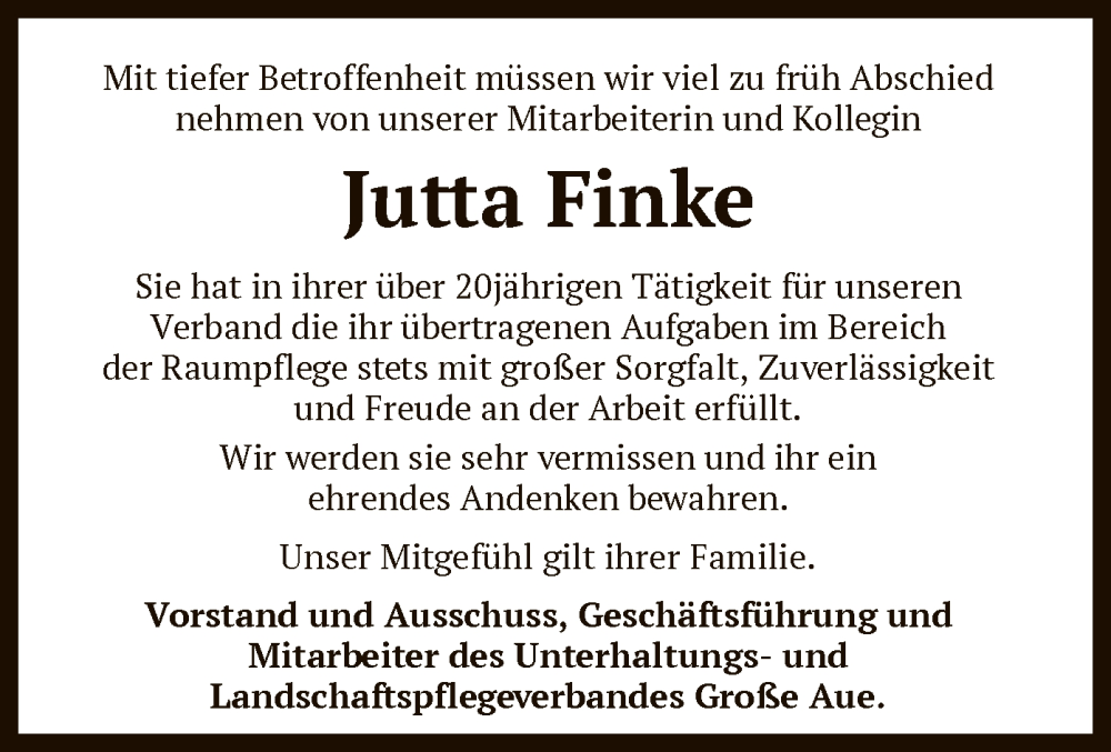  Traueranzeige für Jutta Finke vom 24.01.2024 aus SYK