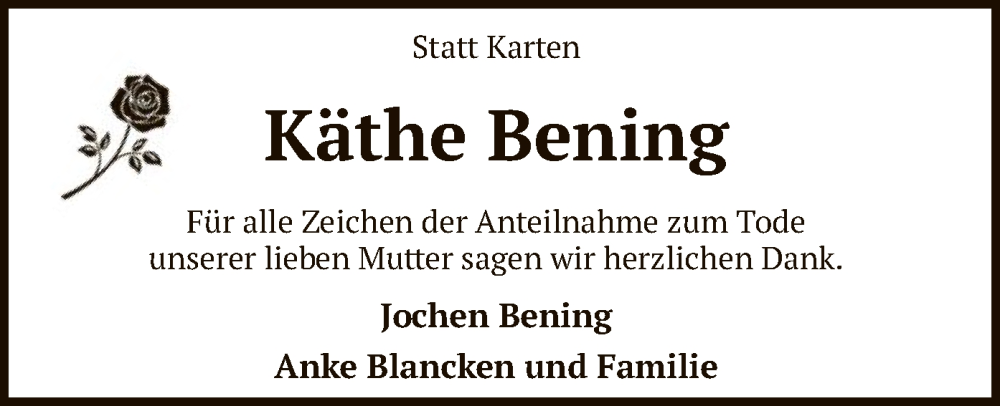  Traueranzeige für Käthe Bening vom 27.01.2024 aus SYK