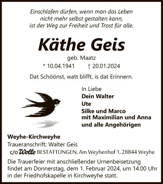 Traueranzeige von Käthe Geis von SYK