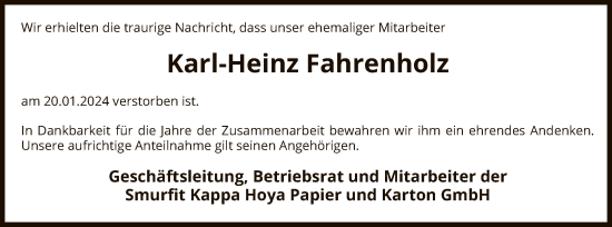 Traueranzeige von Karl-Heinz Fahrenholz von SYK