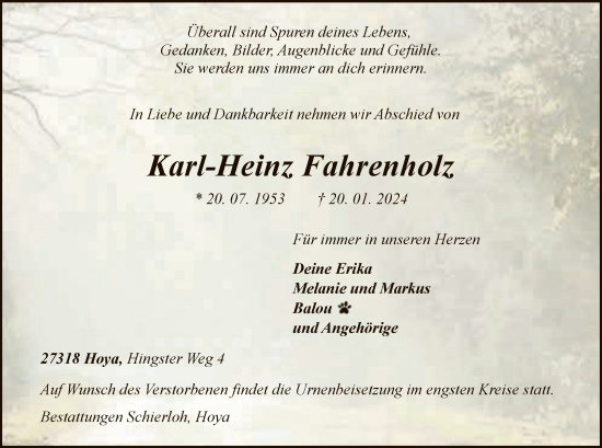 Traueranzeige von Karl-Heinz Fahrenholz von SYK