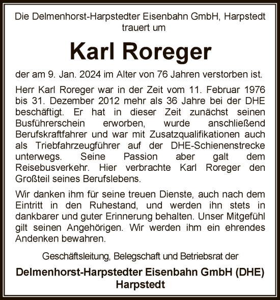 Traueranzeige von Karl Roreger von SYK