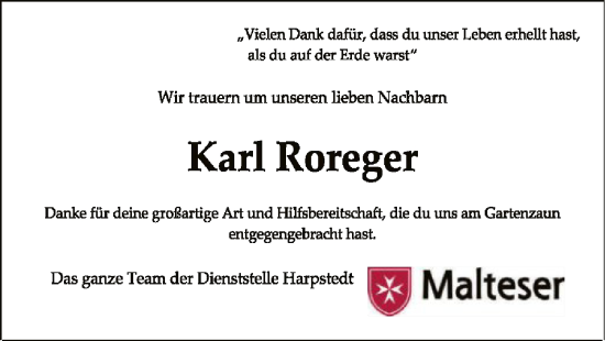 Traueranzeige von Karl Roreger von SYKSYK