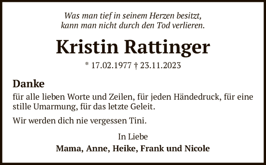 Traueranzeige von Kristin Rattinger von SYK