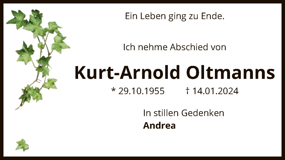  Traueranzeige für Kurt-Arnold Oltmanns vom 18.01.2024 aus SYK