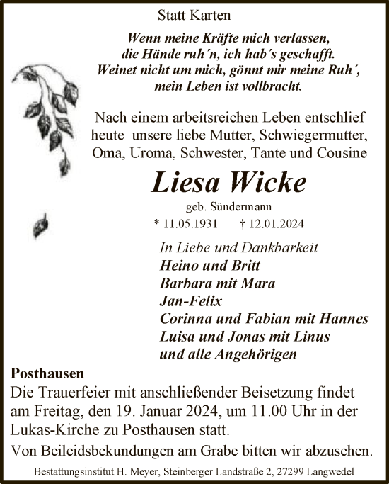 Traueranzeige von Liesa Wicke von SYKSYK
