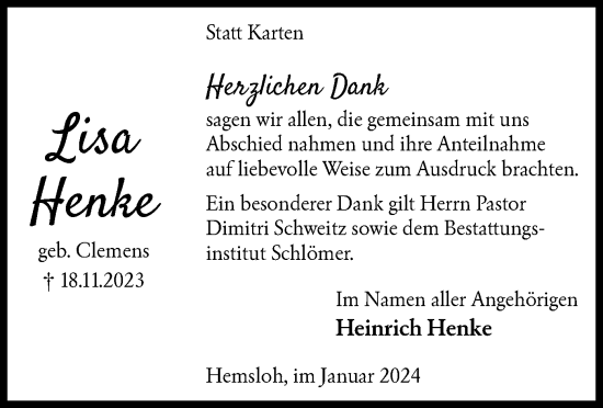 Traueranzeige von Lisa Henke von SYK