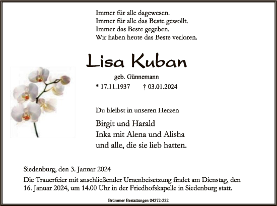 Traueranzeige von Lisa Kuban von SYK
