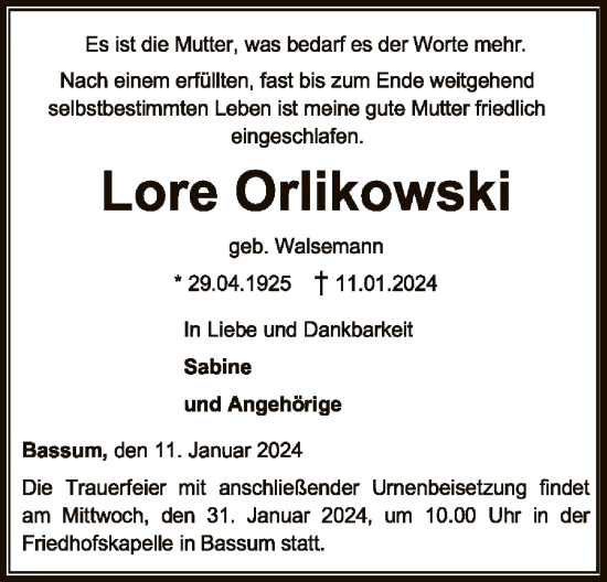 Traueranzeige von Lore Orlikowski von SYK