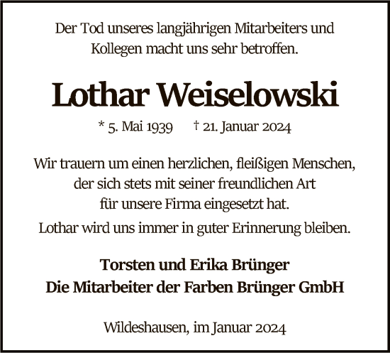 Traueranzeige von Lothar Weiselowski von SYKSYK