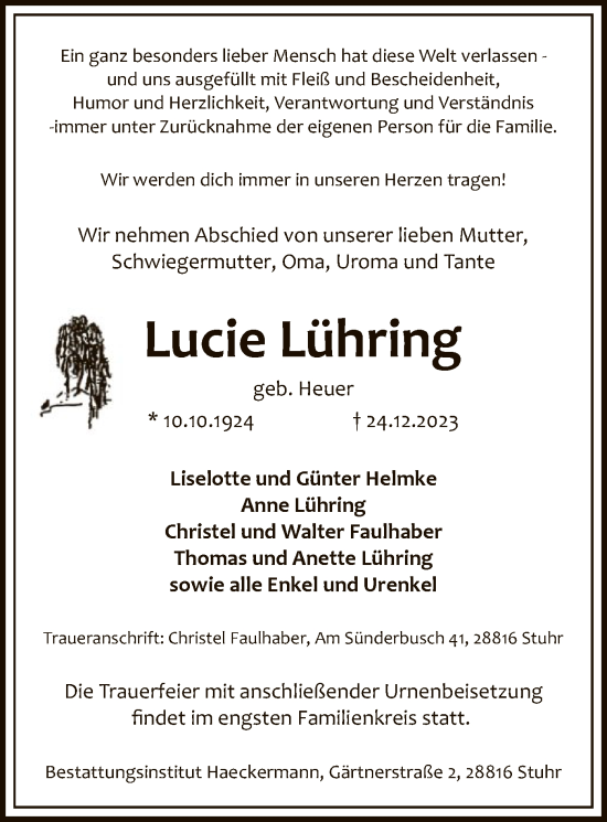 Traueranzeige von Lucie Lühring von SYK