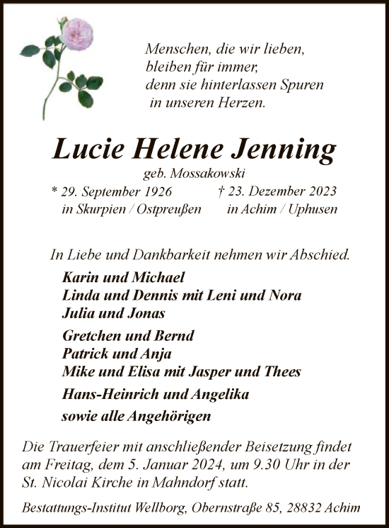 Traueranzeige von Lucie Helene Jenning von SYK