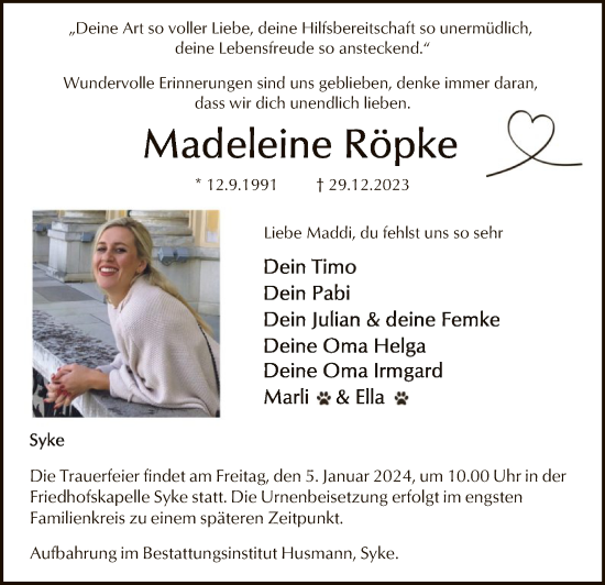 Traueranzeige von Madeleine Röpke