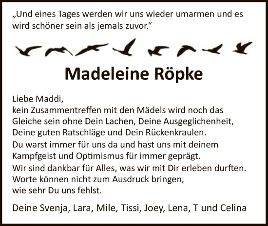 Traueranzeige von Madeleine Röpke