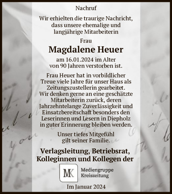 Traueranzeige von Magdalene Heuer von SYK