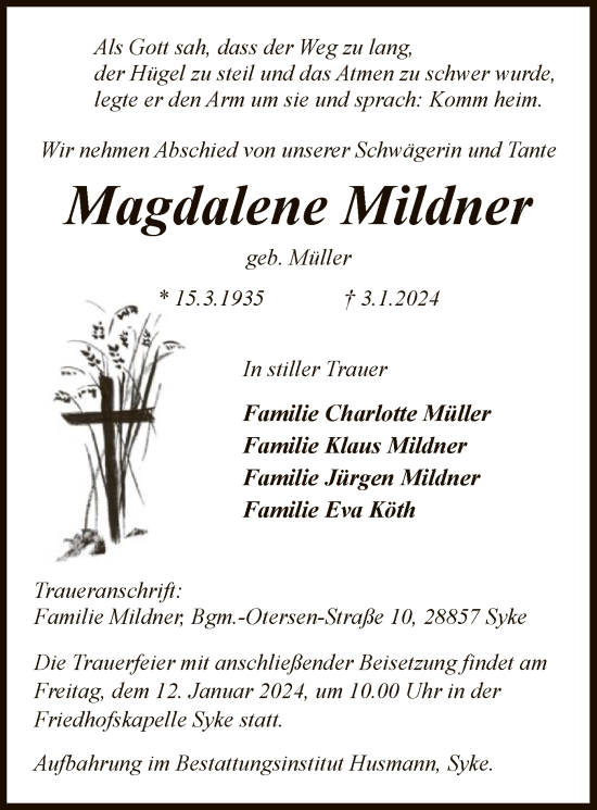 Traueranzeige von Magdalene Mildner