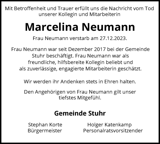 Traueranzeige von Marcelina Neumann von SYK