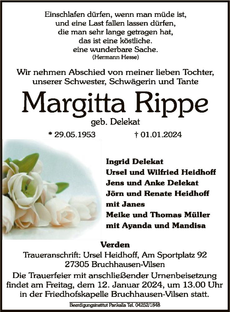  Traueranzeige für Margitta Rippe vom 06.01.2024 aus SYK