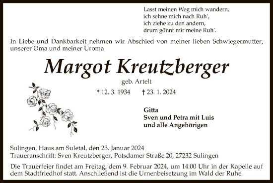 Traueranzeige von Margot Kreutzberger von SYK