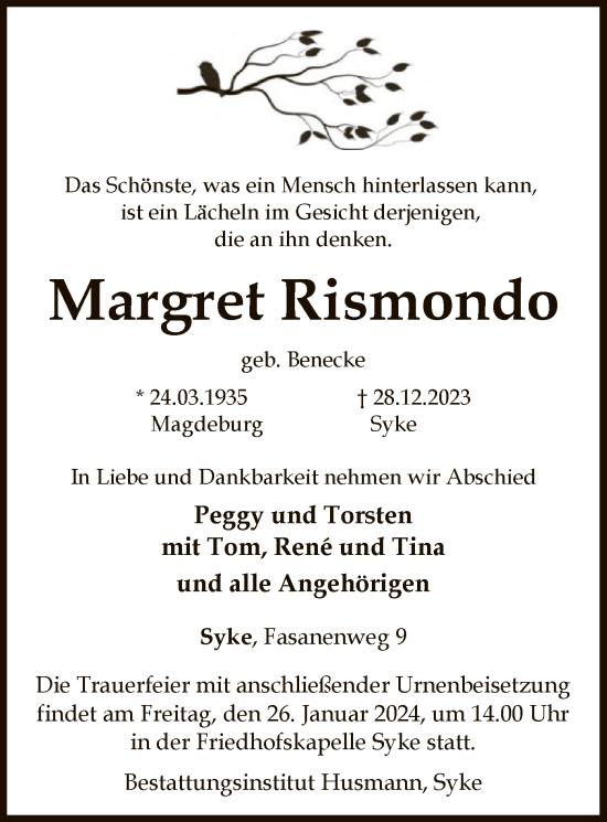 Traueranzeige von Margret Rismondo von SYK