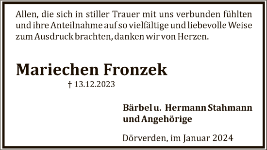 Traueranzeige von Mariechen Fronzek von SYK