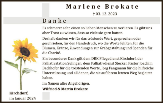 Traueranzeige von Marlene Brokate von SYK