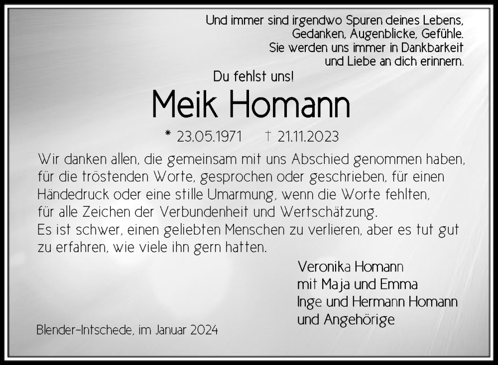  Traueranzeige für Meik Homann vom 13.01.2024 aus SYK