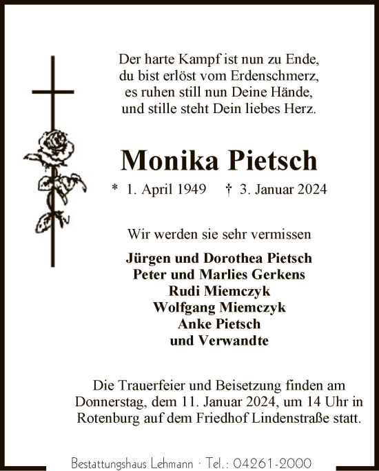 Traueranzeige von Monika Pietsch von SYK