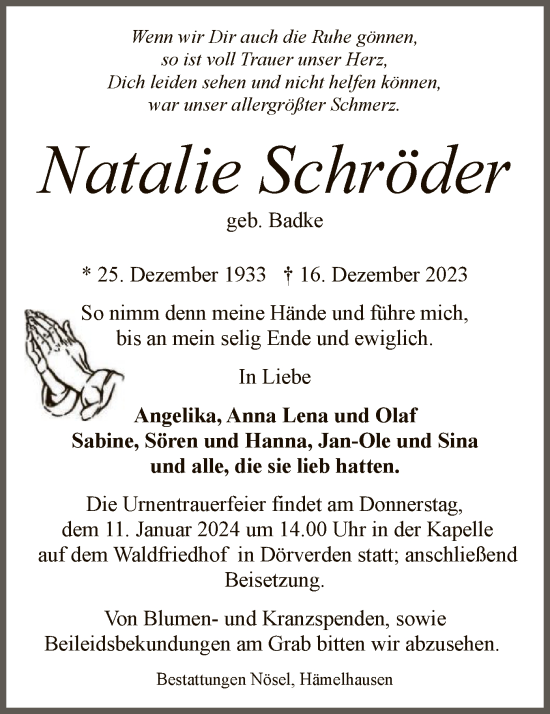 Traueranzeige von Natalie Schröder von SYK