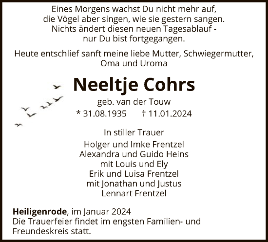 Traueranzeige von Neeltje Cohrs von SYK