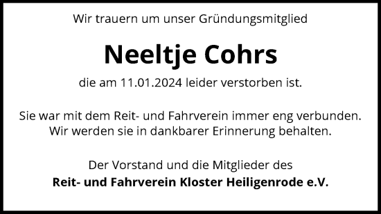 Traueranzeige von Neeltje Cohrs von SYK