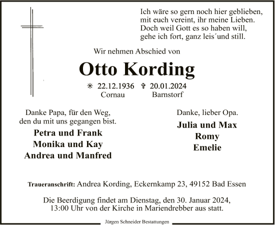 Traueranzeige von Otto Kording von SYK