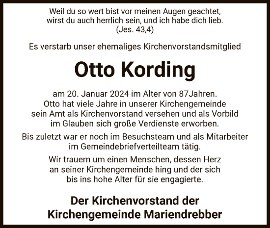 Traueranzeige von Otto Kording von SYK