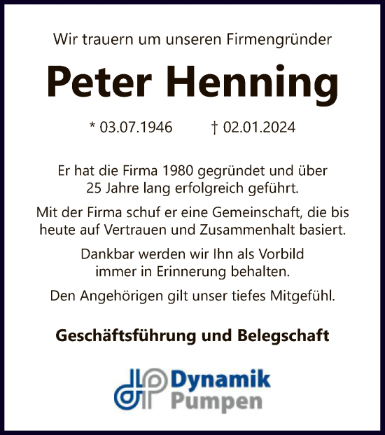 Traueranzeige von Peter Henning von SYK
