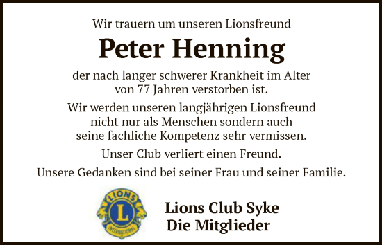 Traueranzeige von Peter Henning von SYK