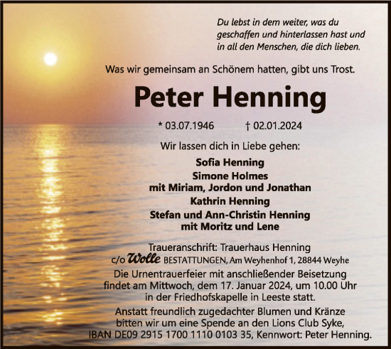 Traueranzeige von Peter Henning von SYK